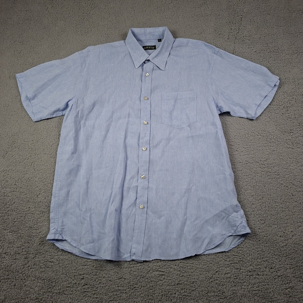 Orvis Mens Size XL 100% Linen Blue Woven Button Short Sleeve Shirt Beach Wedding